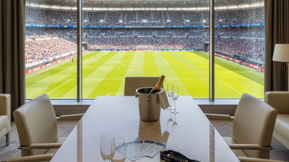 Bottle of champagne, invitation cards and a premium view of the pitch for a football game